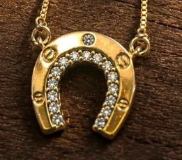 Colar dourado com pingente de ferradura cravejada