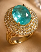Anel dourado com pedra azul turquesa e zircônias